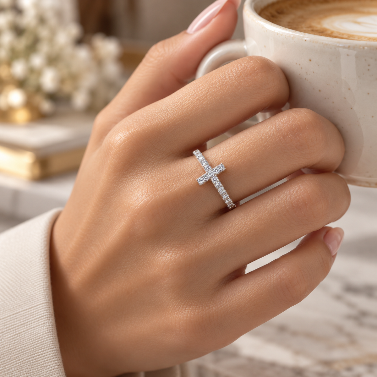 14K Gold Plated Cubic Zirconia Cross Ring for Women - Eternity Promise Ring for Her