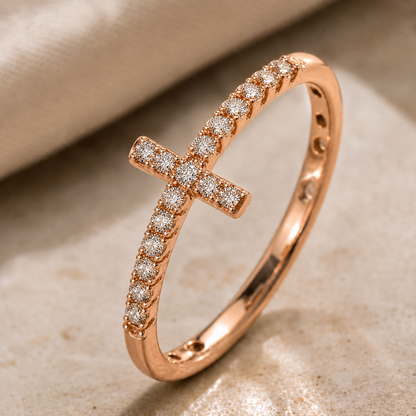 14K Gold Plated Cubic Zirconia Cross Ring for Women - Eternity Promise Ring for Her