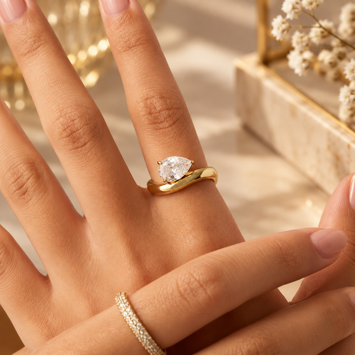 14K Gold Plated Wavy Ring | Solitaire Cubic Zirconia