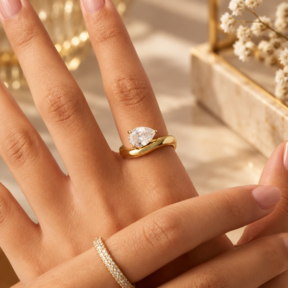 14K Gold Plated Wavy Ring | Solitaire Cubic Zirconia