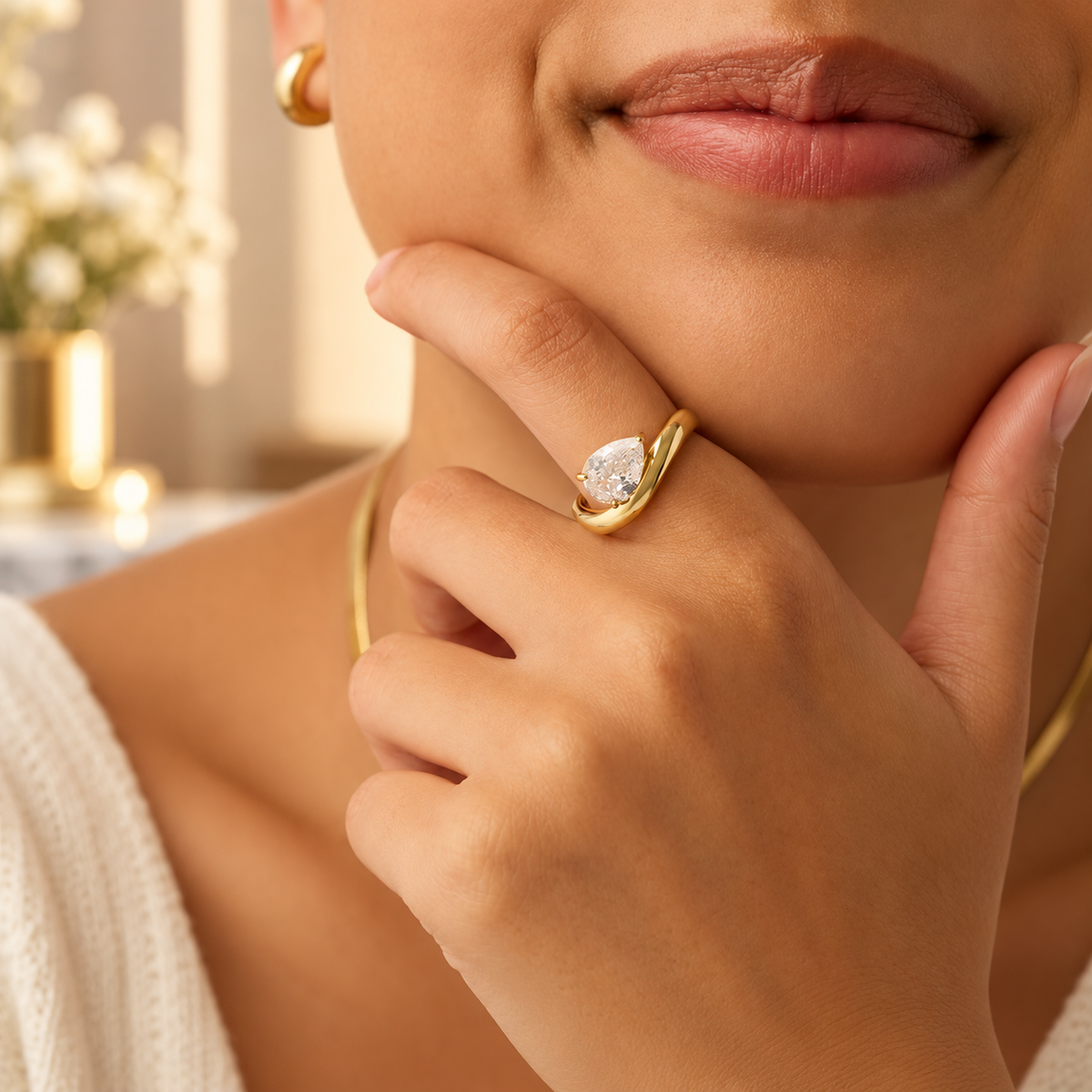14K Gold Plated Wavy Ring | Solitaire Cubic Zirconia