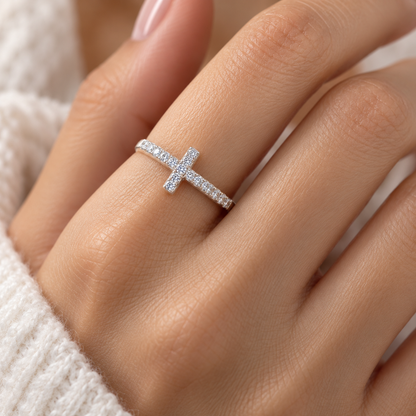 14K Gold Plated Cubic Zirconia Cross Ring for Women - Eternity Promise Ring for Her